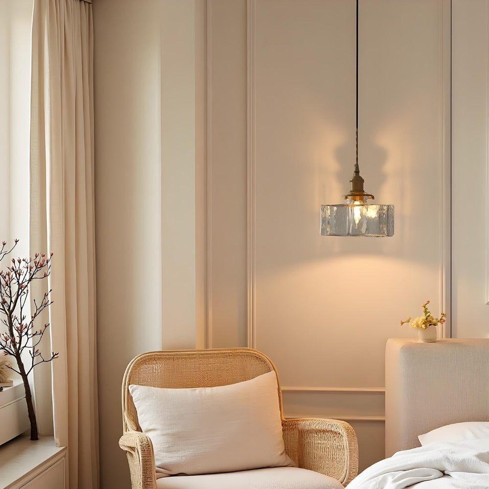 Traditionele Japanse glazen kubusvormige hanglamp van messing