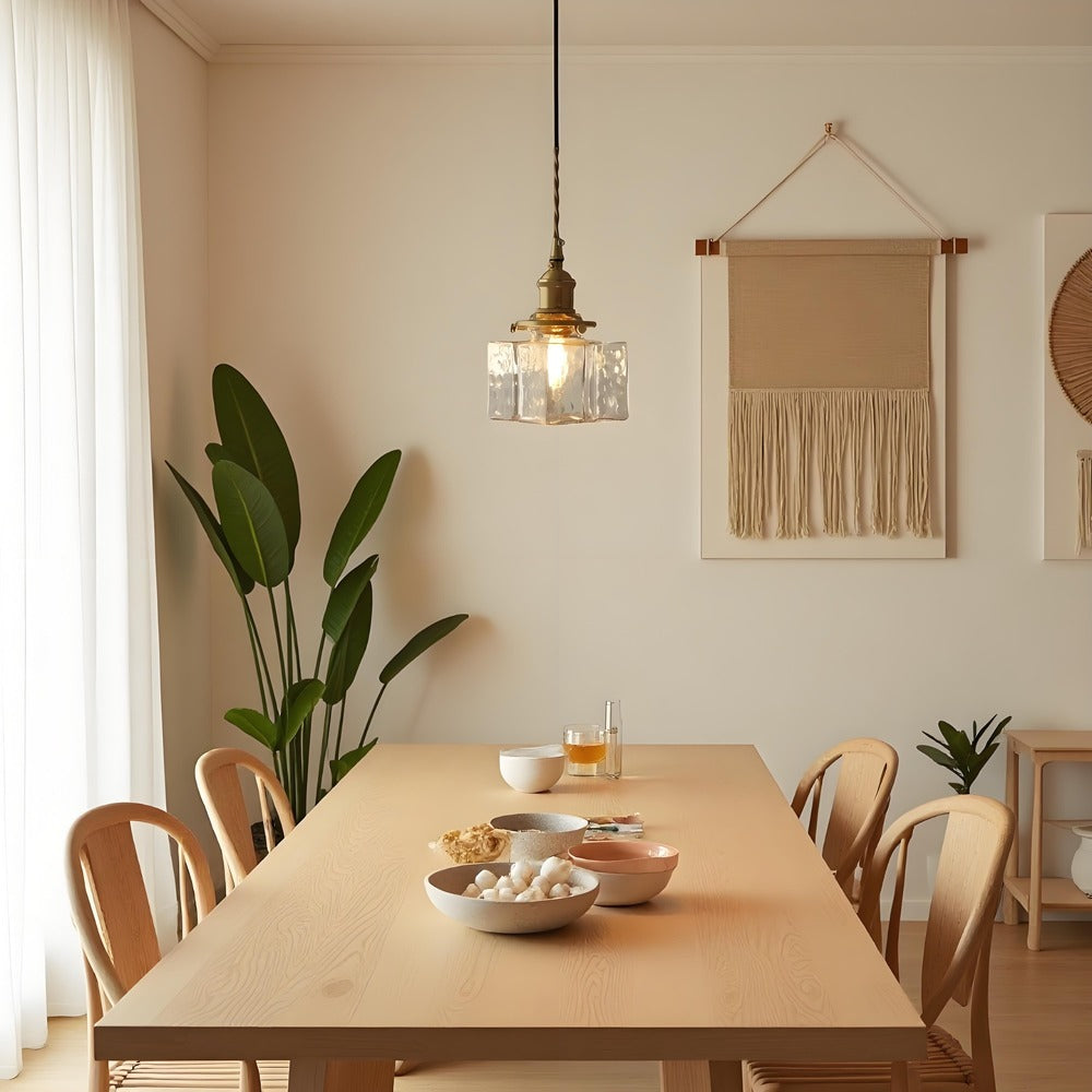 Traditionele Japanse glazen kubusvormige hanglamp van messing