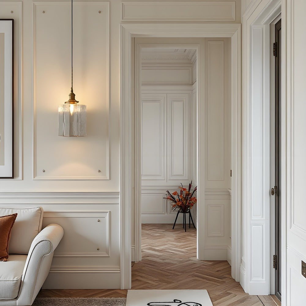 Traditionele Japanse glazen kubusvormige hanglamp van messing