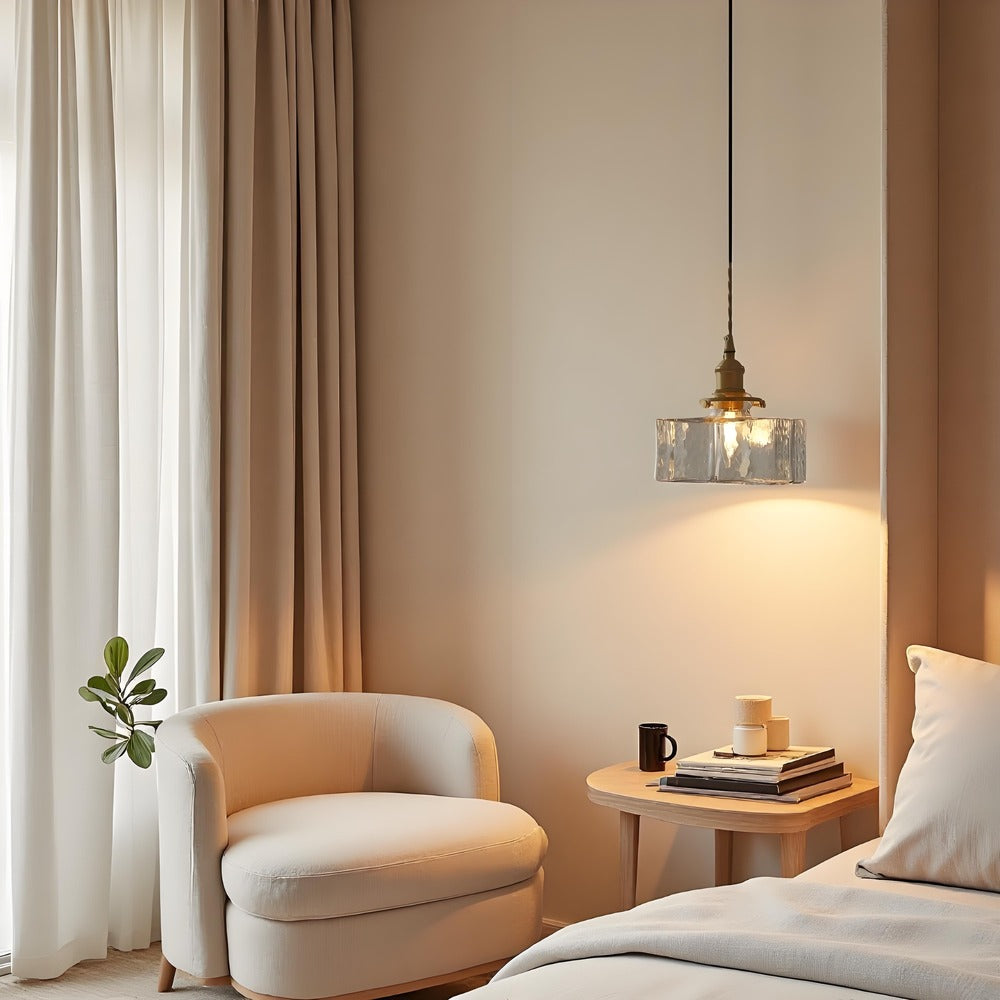 Traditionele Japanse glazen kubusvormige hanglamp van messing